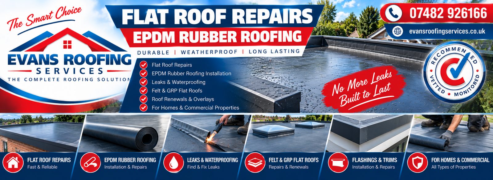 Evans Roofing Services flat roof repairs and EPDM rubber roofing banner